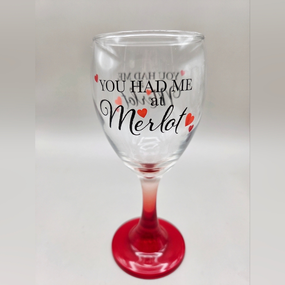 Cristar Red Stem Wine Goblets " You Had Me At Merlot",  Set of 4 - Picture 2 of 7